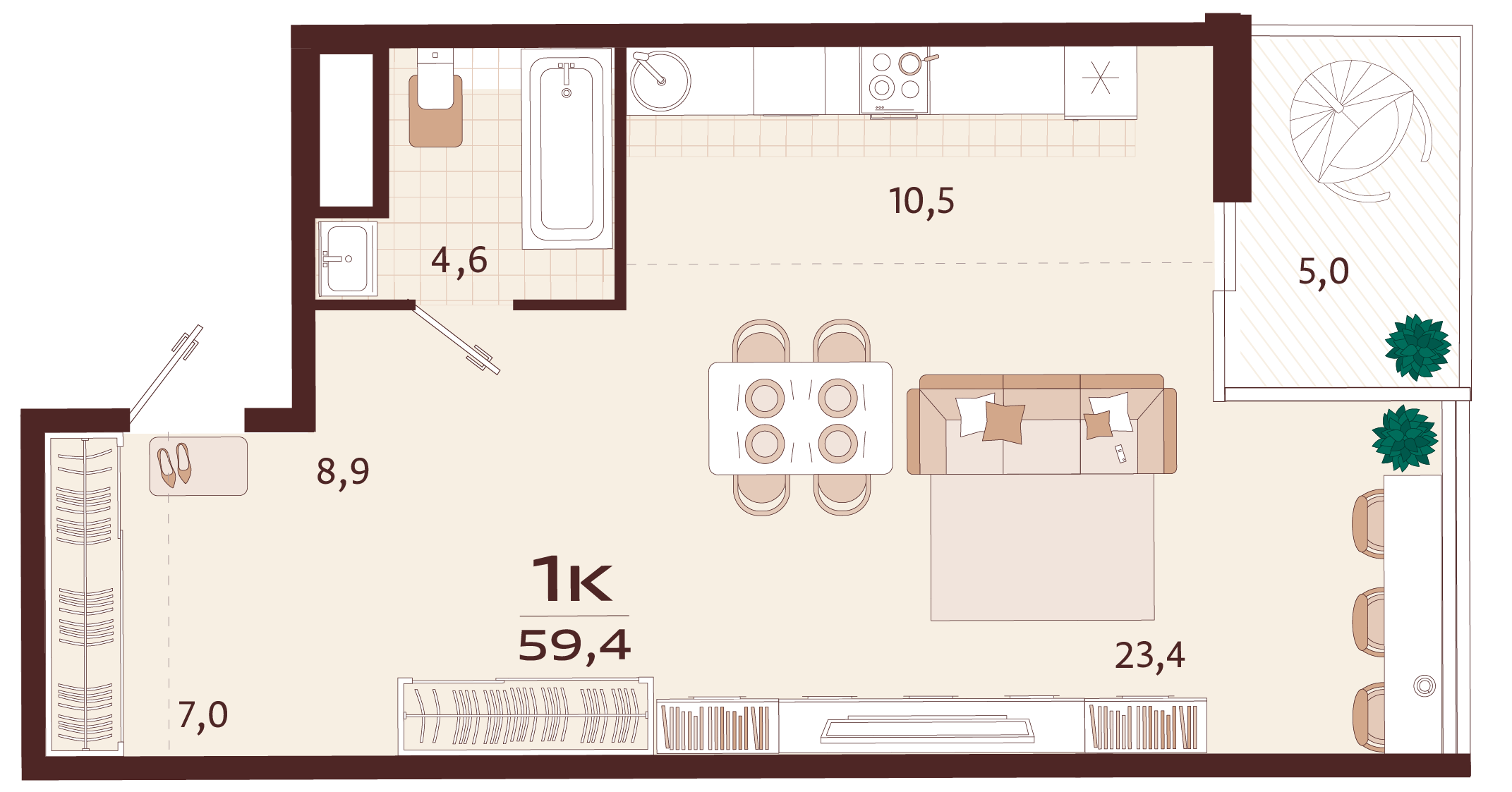 Планировка: 1-комнатная в ЖК «Роялта», 55,9 м², №122