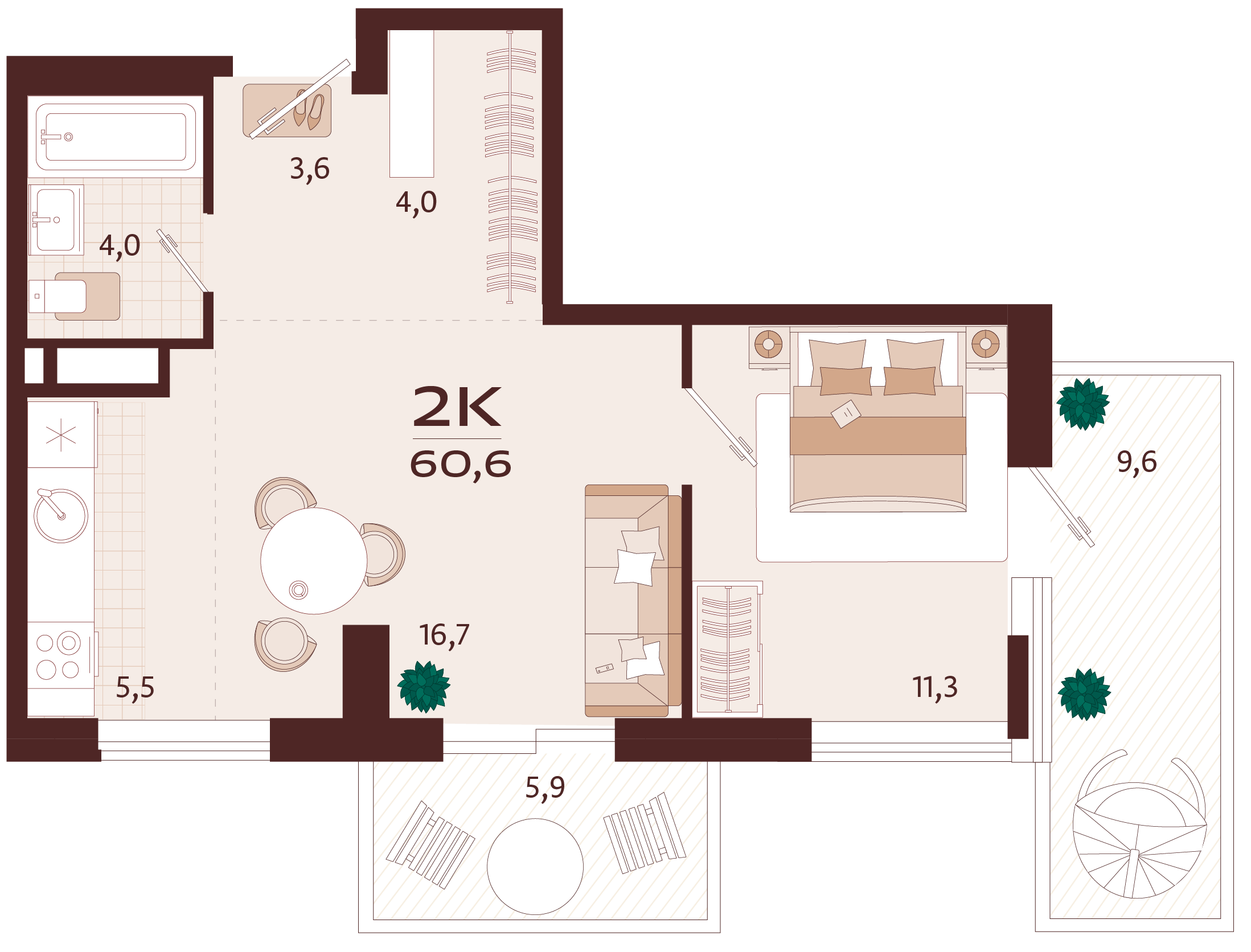 Планировка: 2-комнатная в ЖК «Роялта», 49,8 м², №2К18