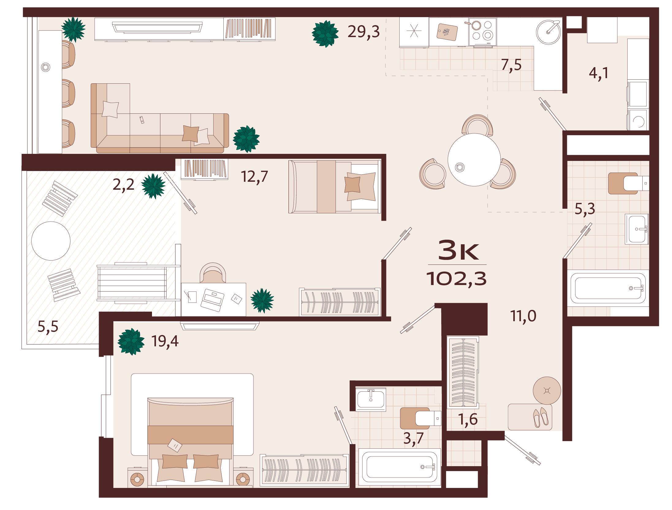 Планировка: 3-комнатная в ЖК «Роялта», 97,4 м², №101