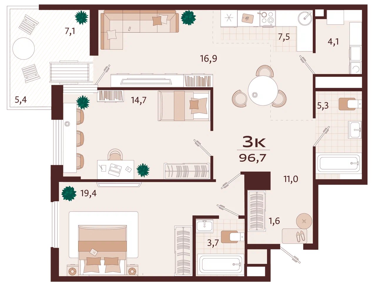 Планировка: 3-комнатная в ЖК «Роялта», 89,4 м², №71