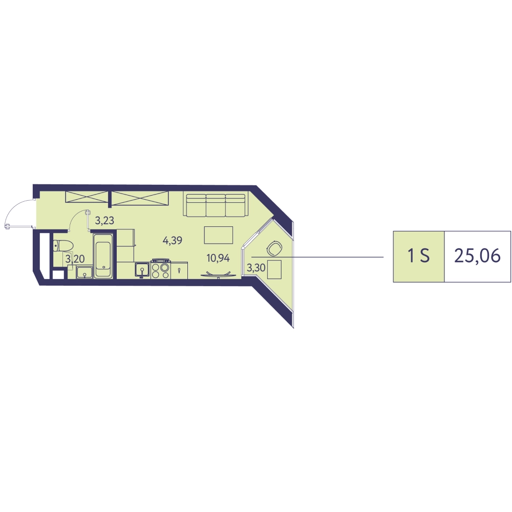 Планировка: 1-комнатная в ЖК «Новая Ливадия», 25,1 м²