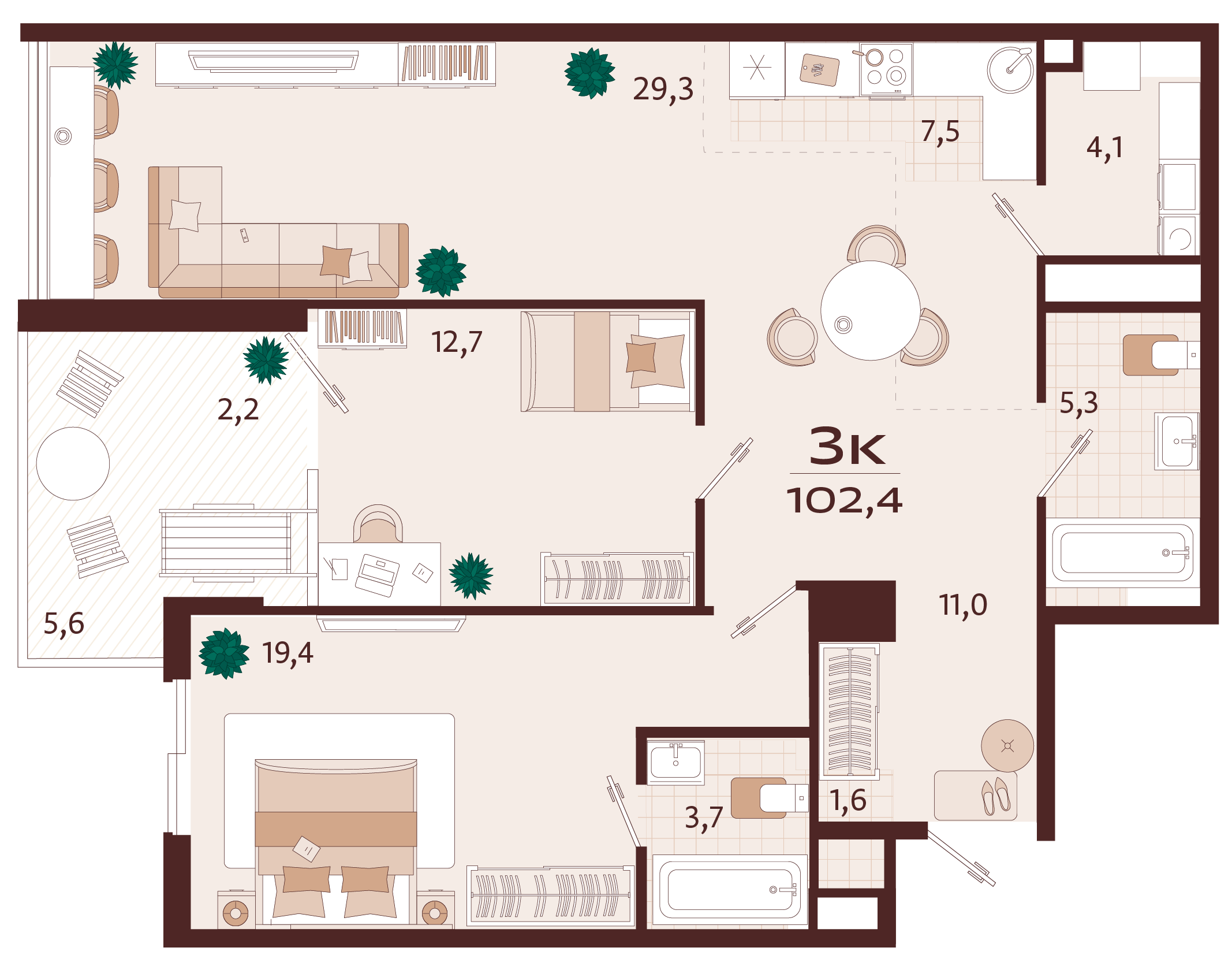 Планировка: 3-комнатная в ЖК «Роялта», 97,4 м², №65
