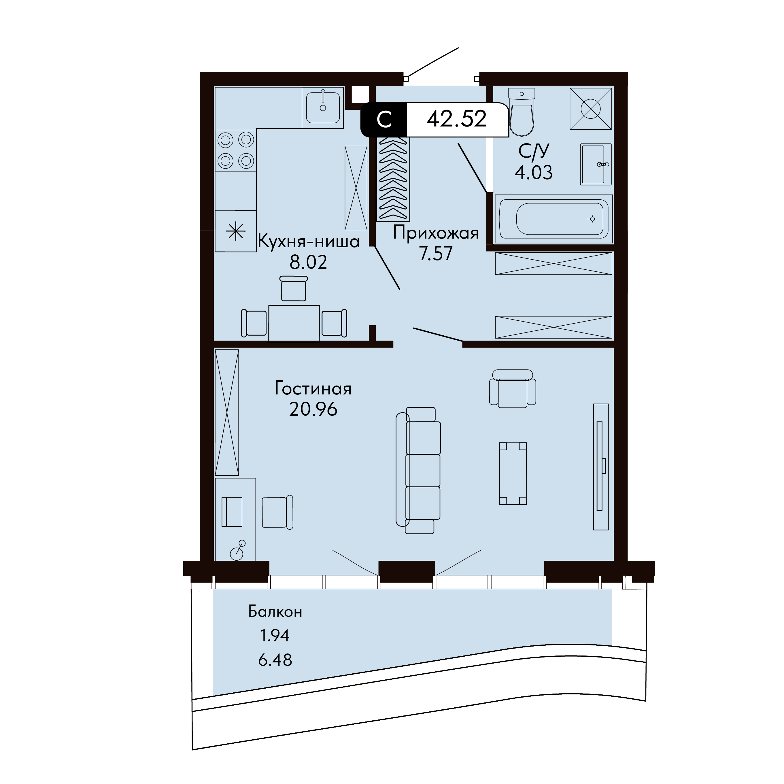 Планировка: Студия в ЖК «Ялтинская Резиденция», 42,5 м², №626