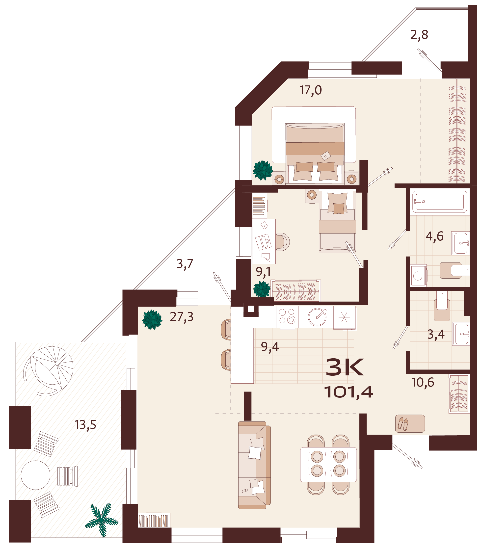 Планировка: 3-комнатная в ЖК «Роялта», 87,4 м², №5К1