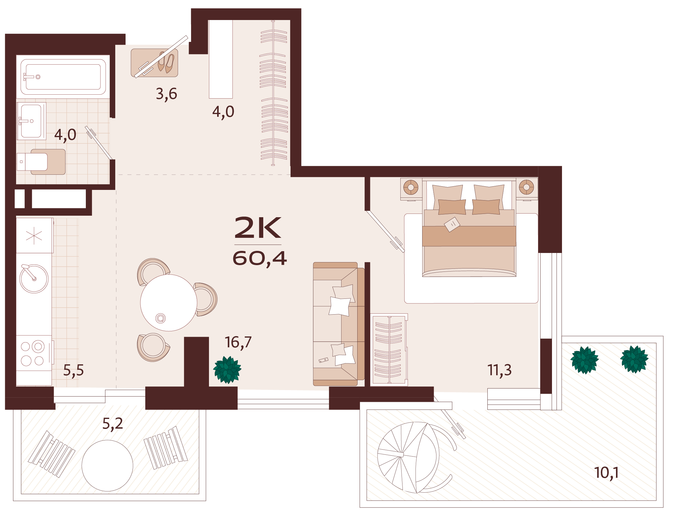 Планировка: 2-комнатная в ЖК «Роялта», 49,7 м², №2К42