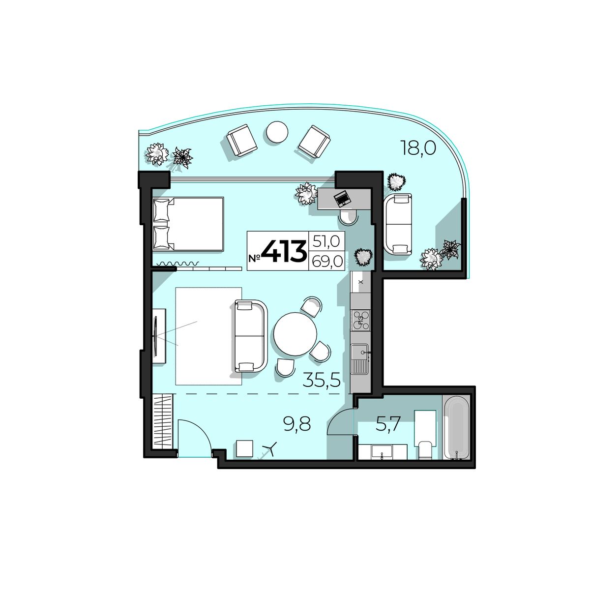 Планировка: 2-комнатная в ЖК «SkyPlaza 5.0», 69 м², №413