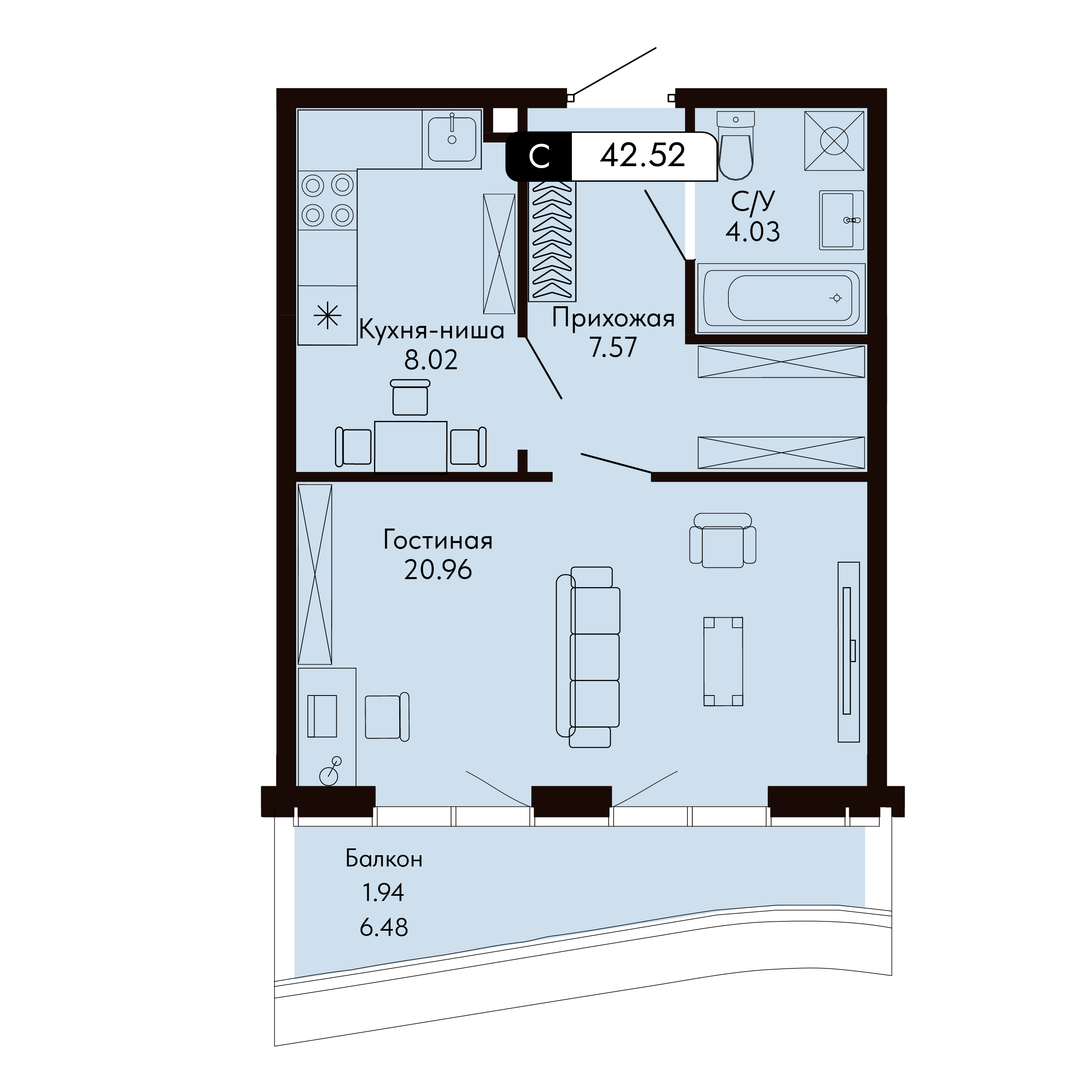 Планировка: Студия в ЖК «Ялтинская Резиденция», 42,5 м², №620