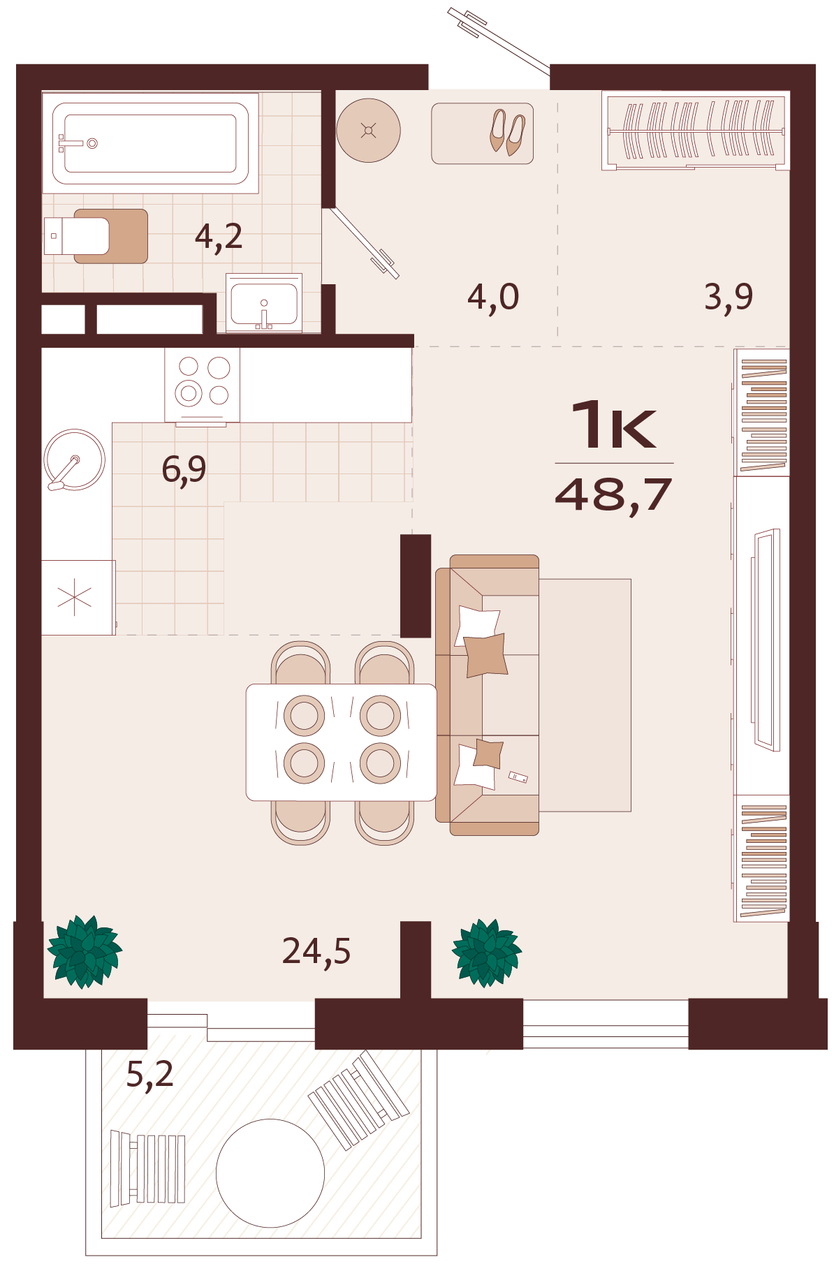Планировка: 1-комнатная в ЖК «Роялта», 45,1 м², №5К31