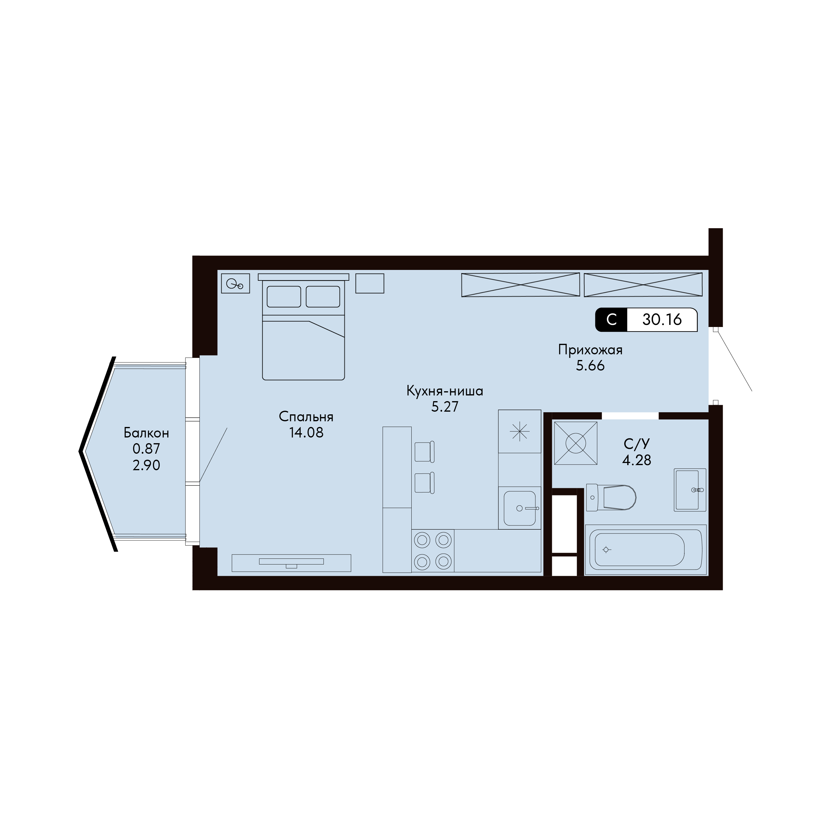 Планировка: Студия в ЖК «Ялтинская Резиденция», 30,2 м², №85