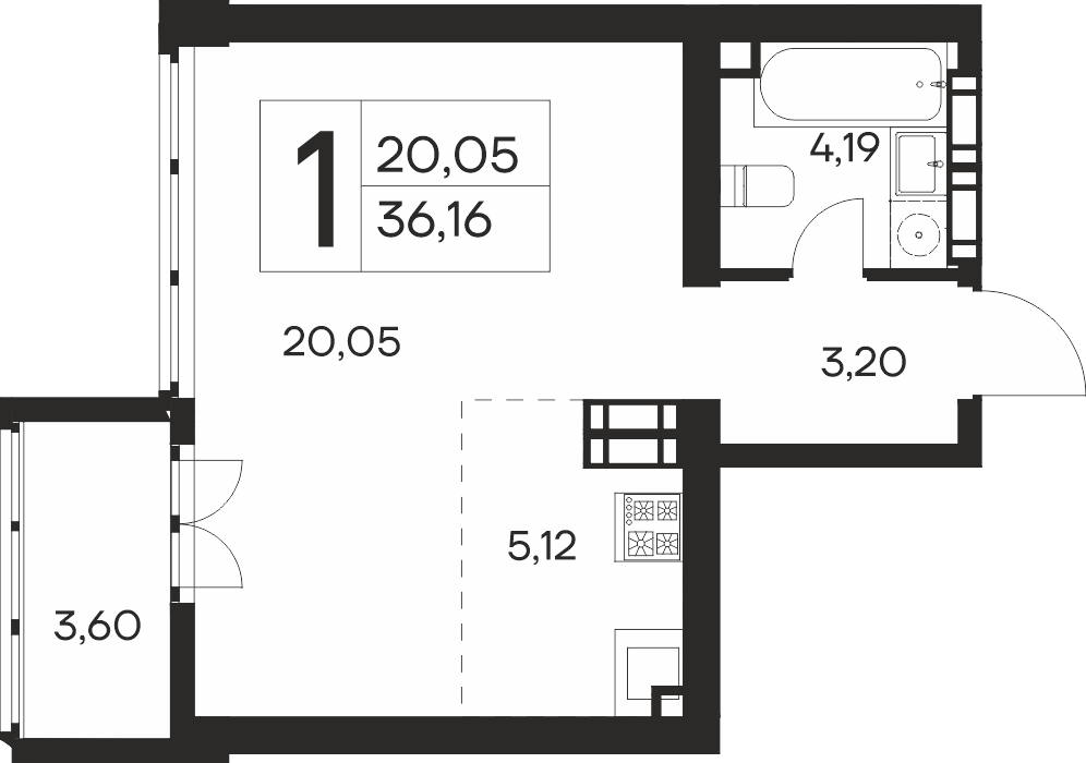 Планировка: 1-комнатная в ЖК «Ай-Петри», 36,2 м², №158