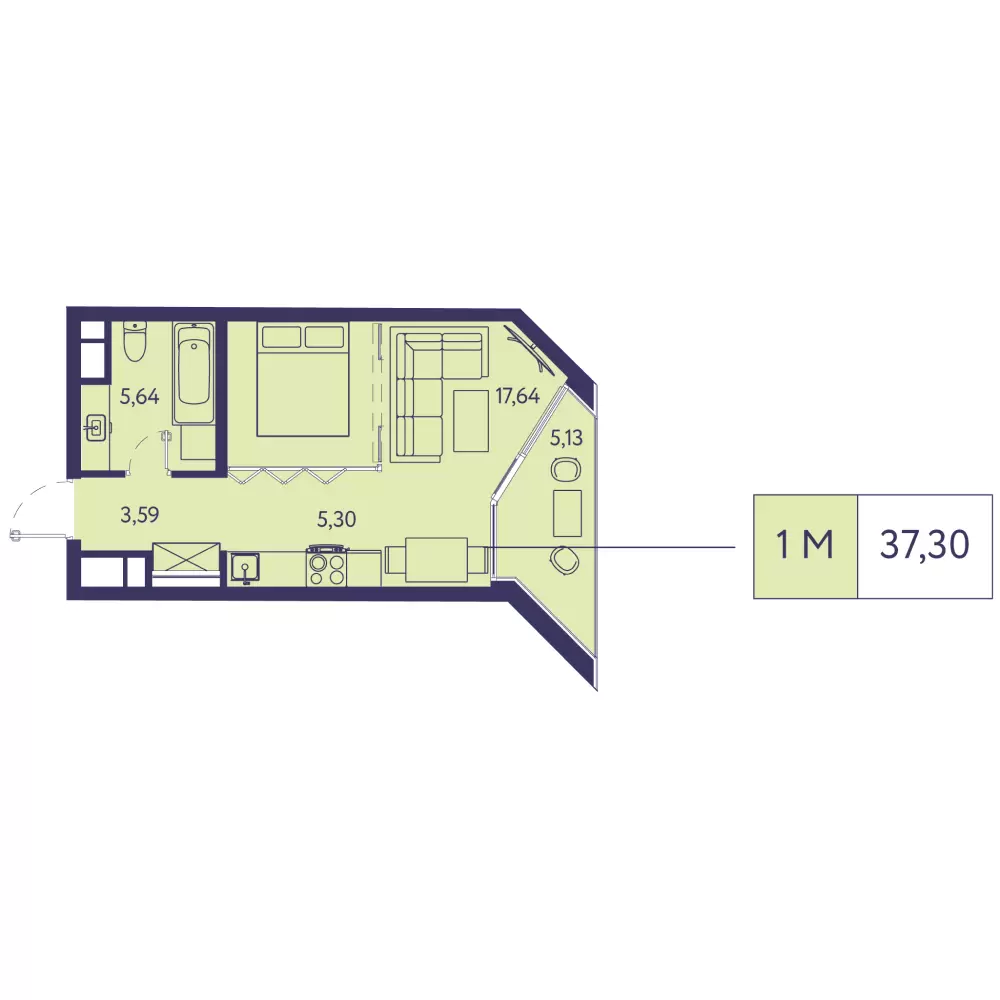 Планировка: 1-комнатная в ЖК «Новая Ливадия», 37,3 м²