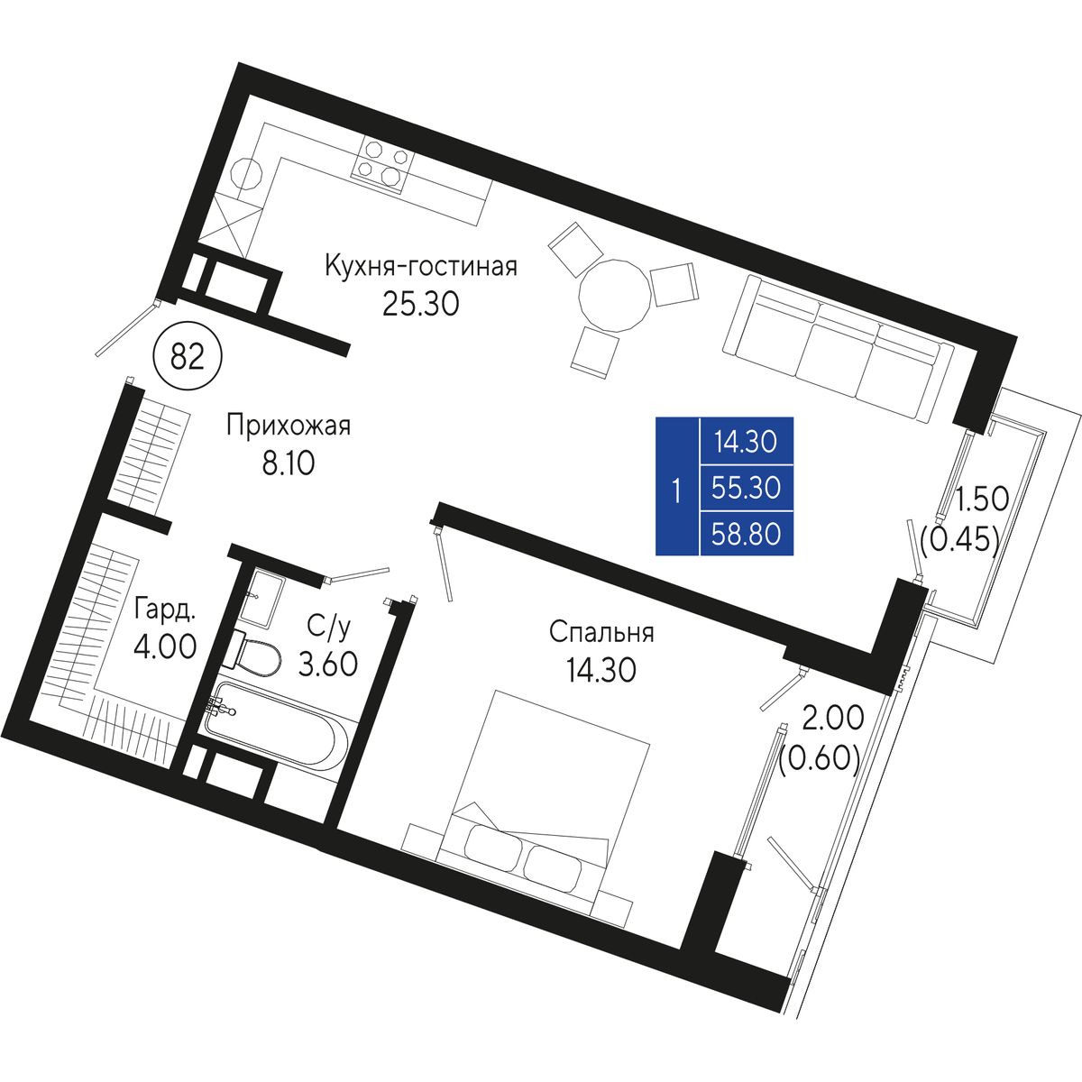 Планировка: 1-комнатная в ЖК «Кировъ», 58,8 м², №82