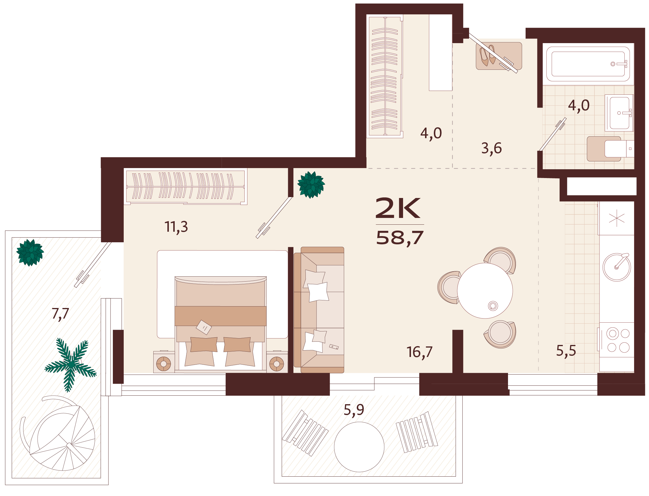 Планировка: 2-комнатная в ЖК «Роялта», 49,1 м², №2К43