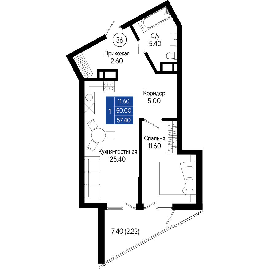 Планировка: 1-комнатная в ЖК «Кировъ», 57,4 м², №36