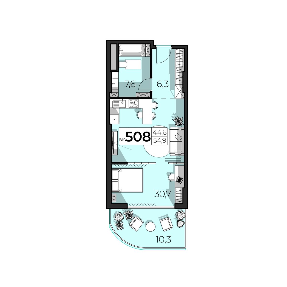 Планировка: 2-комнатная в ЖК «SkyPlaza 5.0», 54,9 м², №508