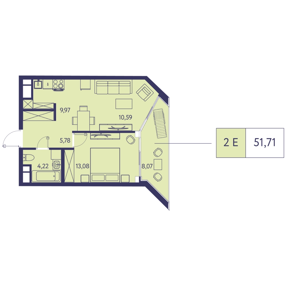 Планировка: 2-комнатная в ЖК «Новая Ливадия», 51,7 м²