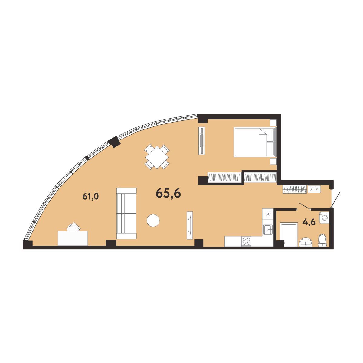 Планировка: 1-комнатная в ЖК «Арт-Ялта», 65,6 м², №201