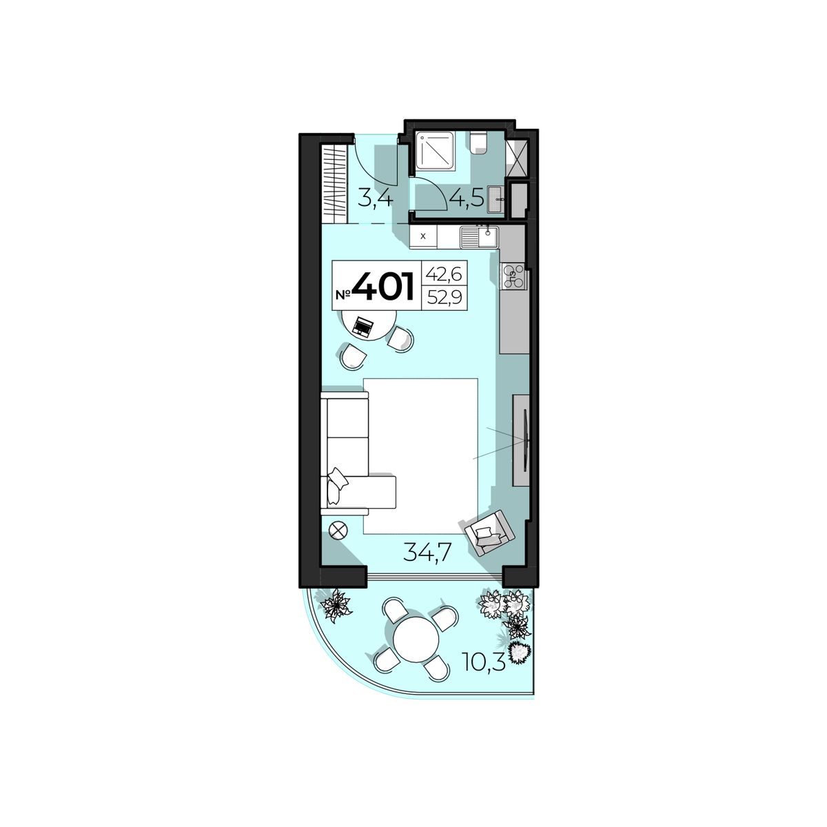 Планировка: 2-комнатная в ЖК «SkyPlaza 5.0», 52,9 м², №401