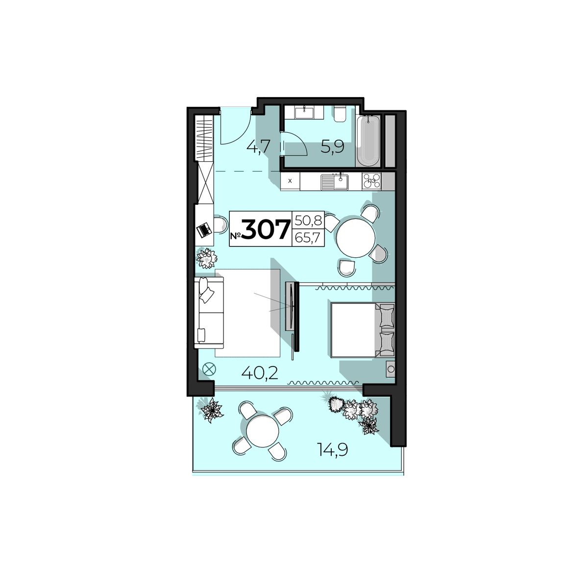 Планировка: 2-комнатная в ЖК «SkyPlaza 5.0», 65,7 м², №307