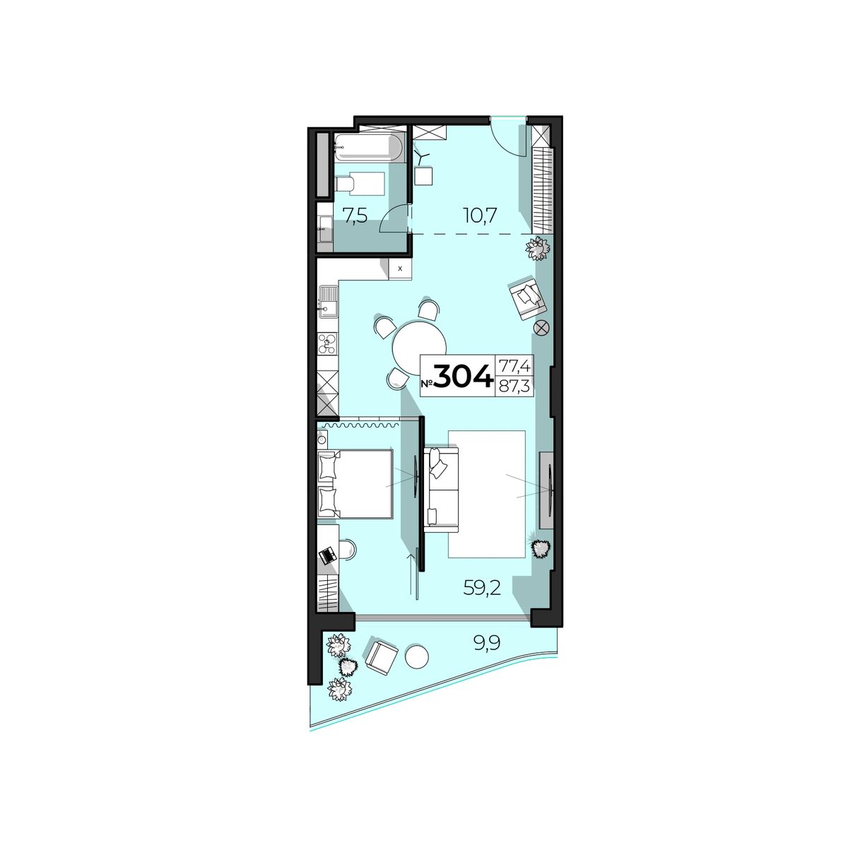 Планировка: 2-комнатная в ЖК «SkyPlaza 5.0», 87,3 м², №304