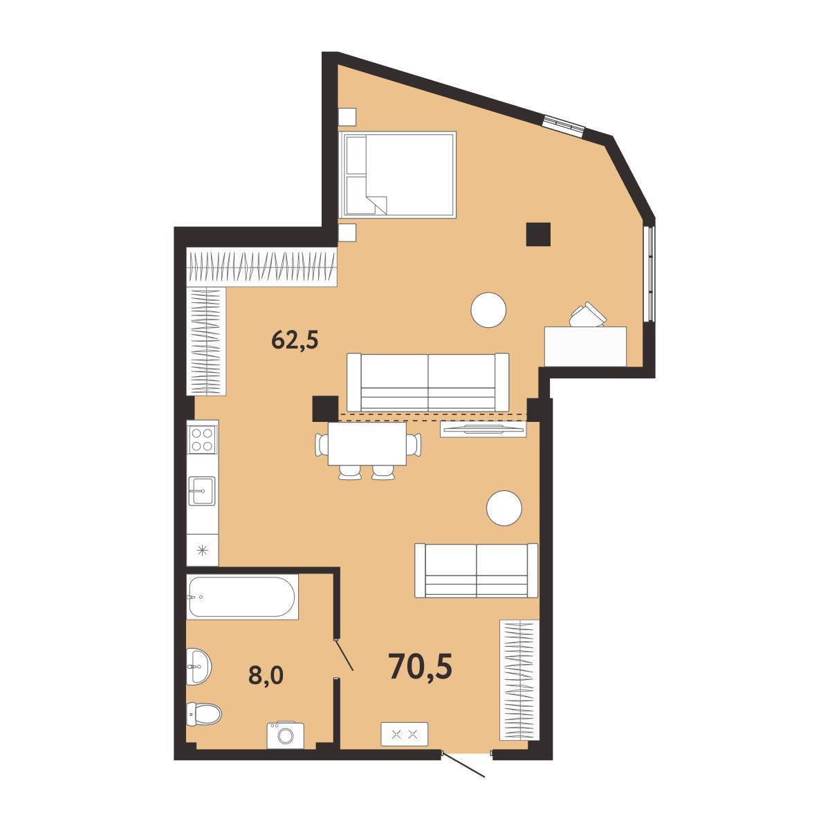 Планировка: 1-комнатная в ЖК «Арт-Ялта», 70,5 м², №207
