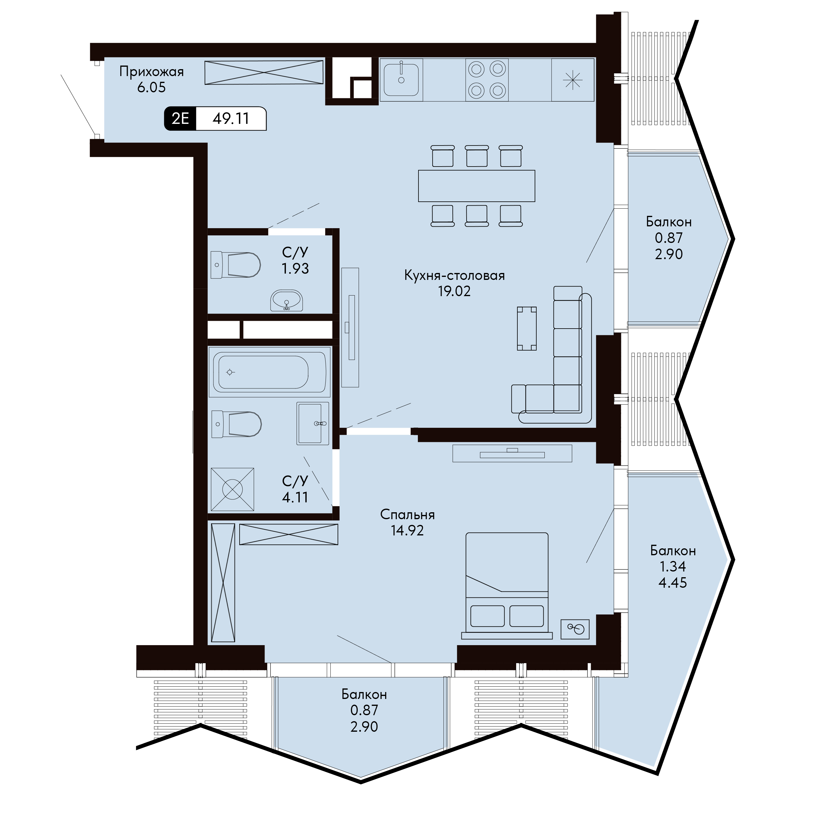 Планировка: 2-комнатная в ЖК «Ялтинская Резиденция», 49,1 м², №102