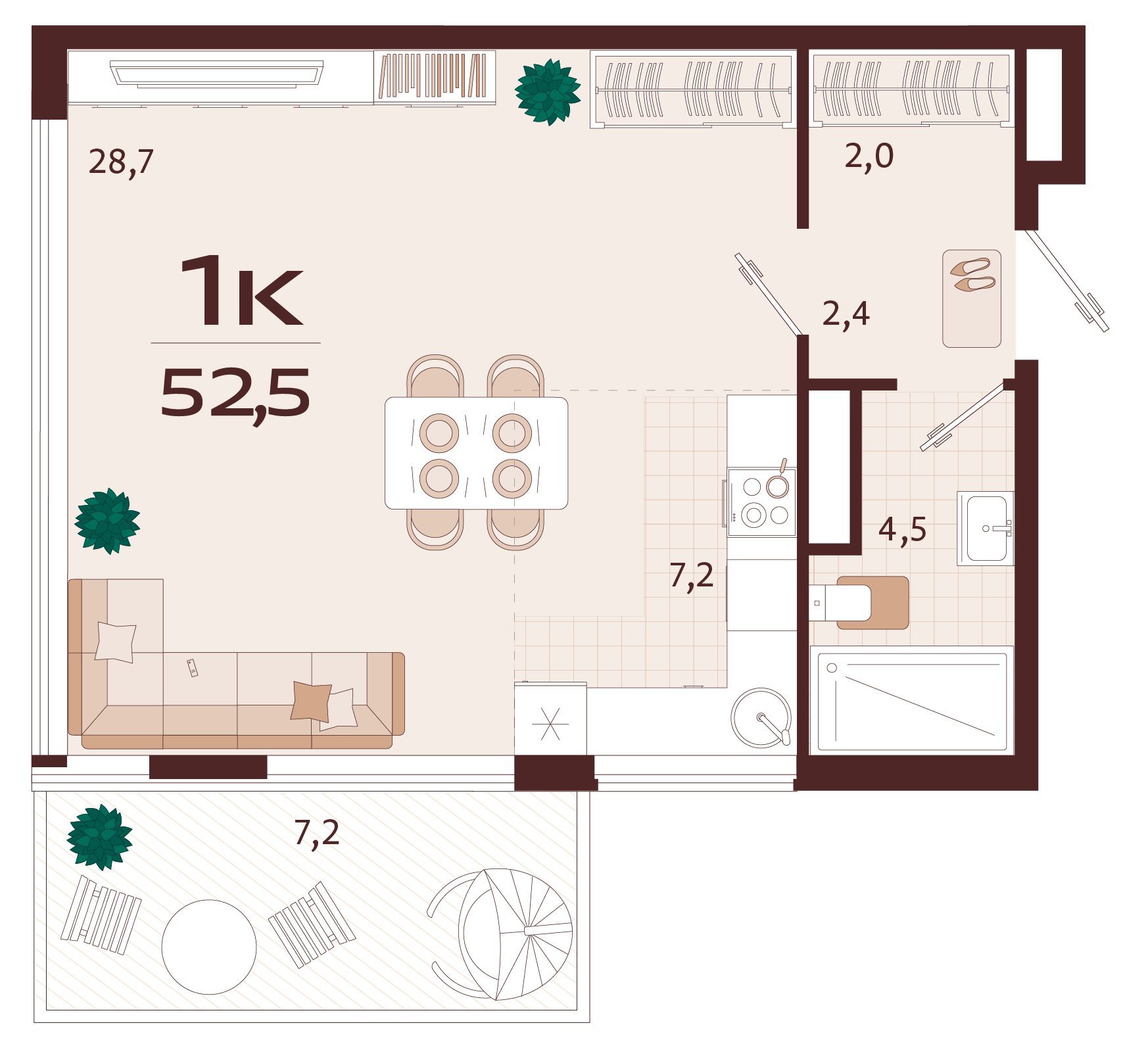 Планировка: 1-комнатная в ЖК «Роялта», 47,1 м², №24