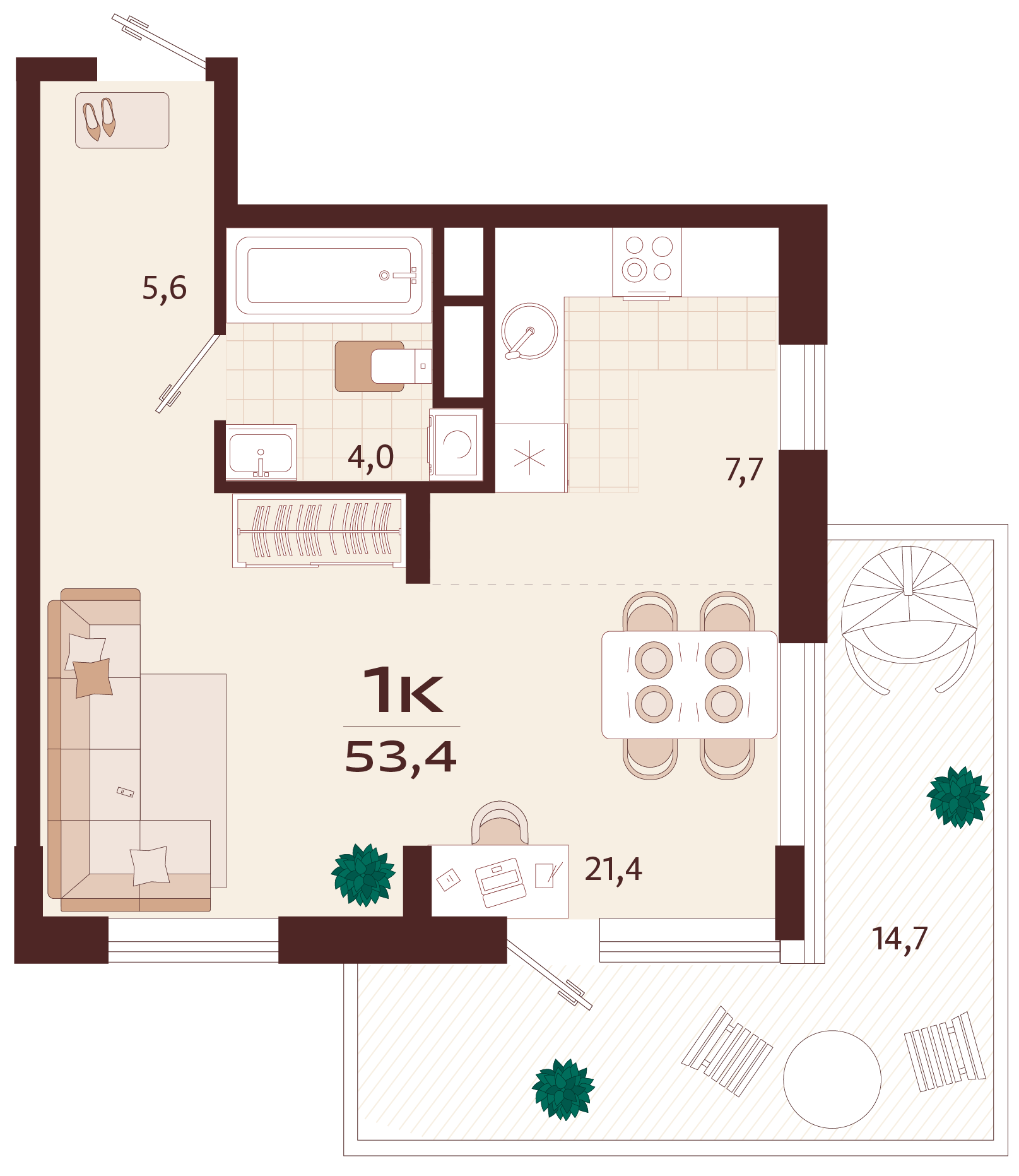 Планировка: 1-комнатная в ЖК «Роялта», 43,1 м², №5К6