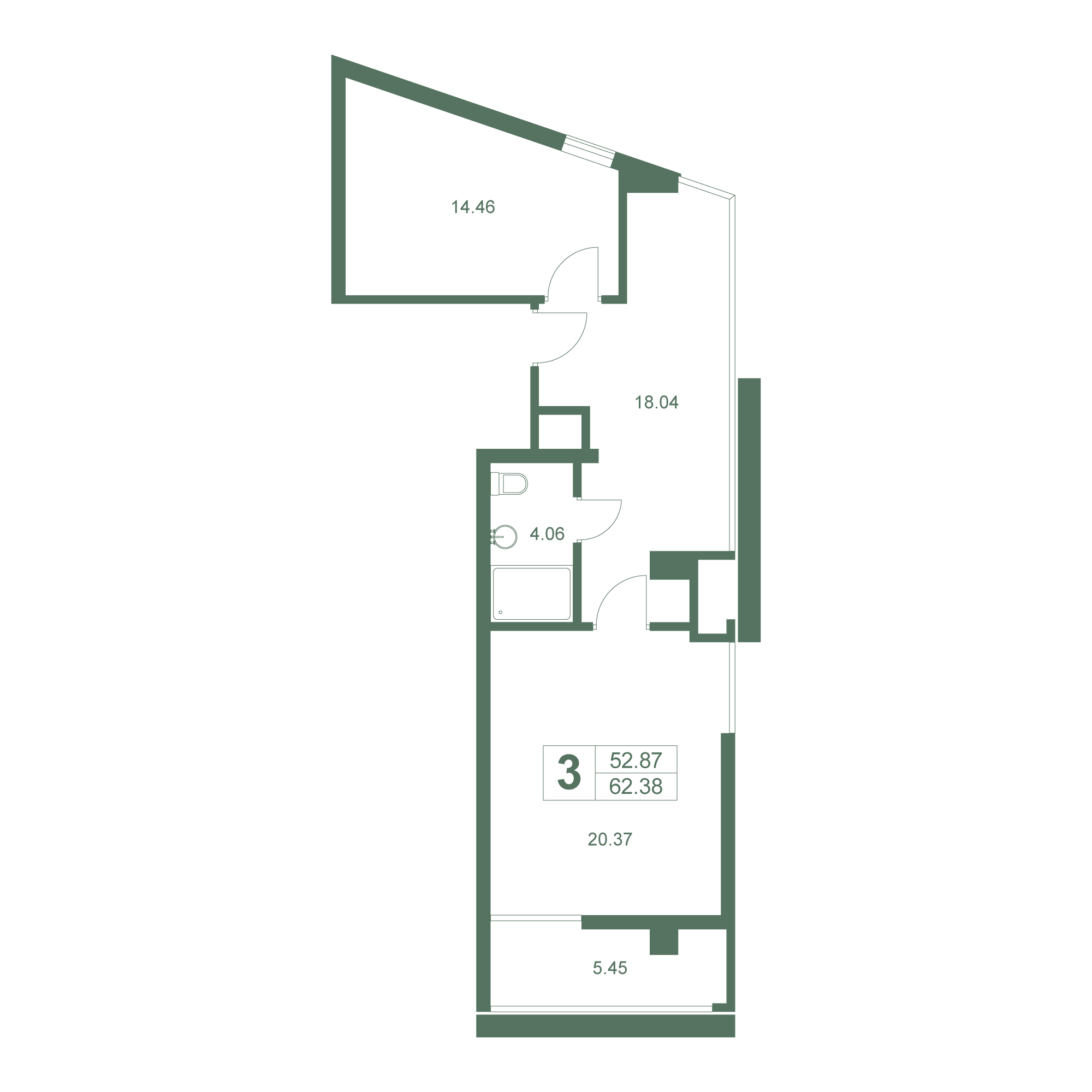 Планировка: 3-комнатная в ЖК «Дарсан», 62,4 м², №718