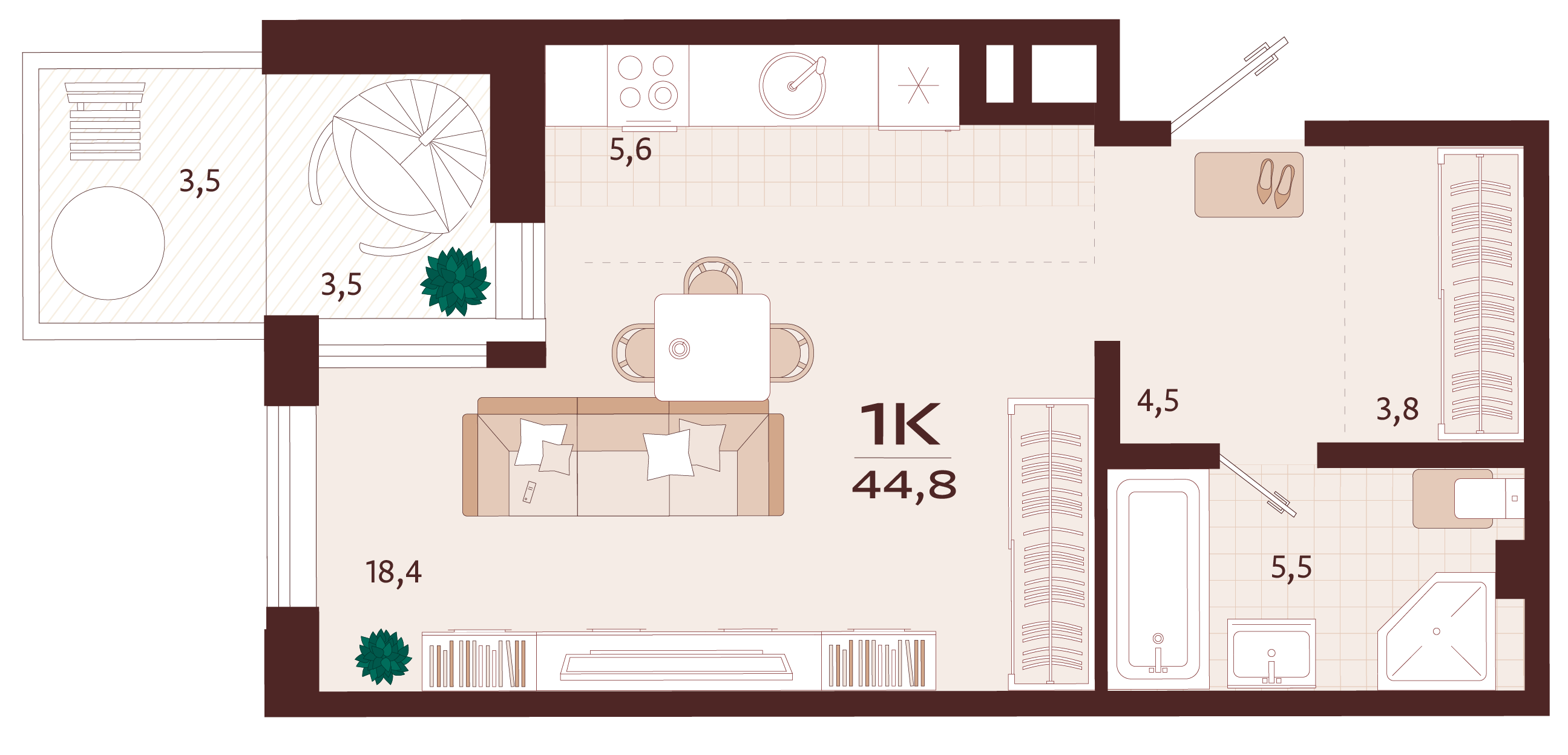 Планировка: 1-комнатная в ЖК «Роялта», 40,7 м², №2К113