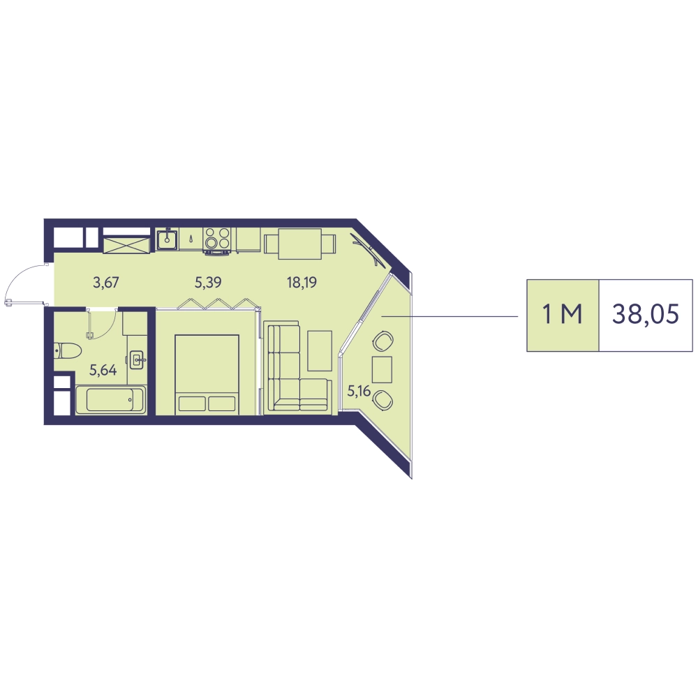 Планировка: 1-комнатная в ЖК «Новая Ливадия», 38 м²