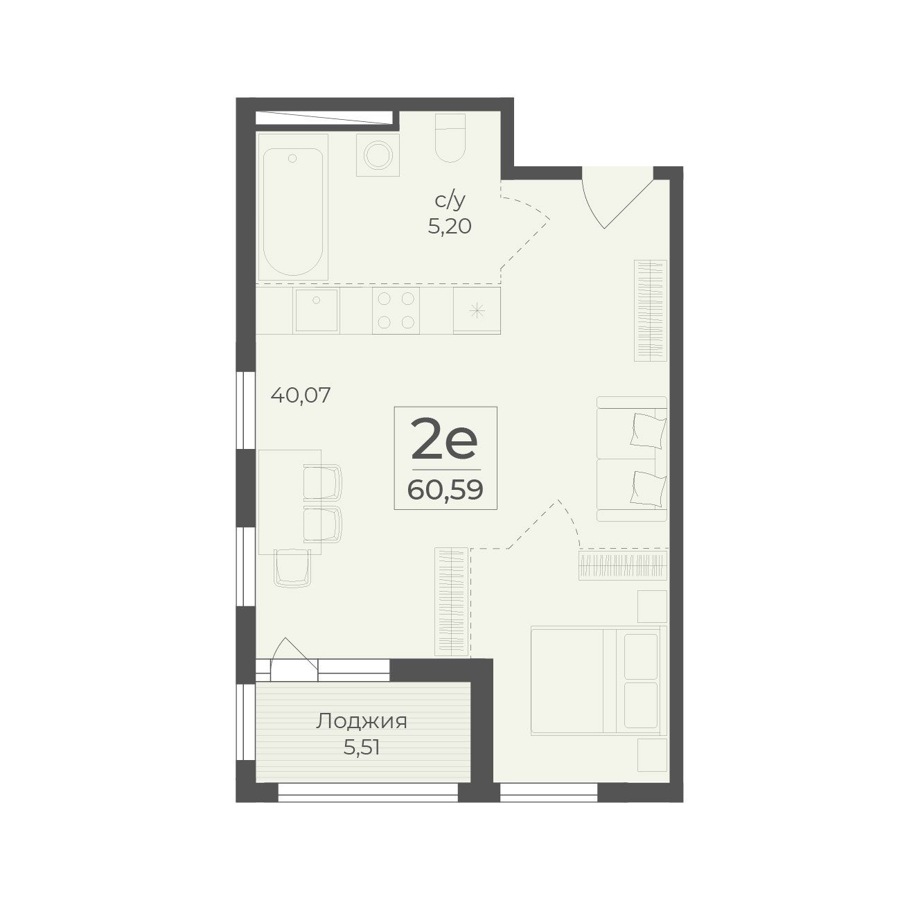 Планировка: 2-комнатная в ЖК «Botanica», 60,6 м²