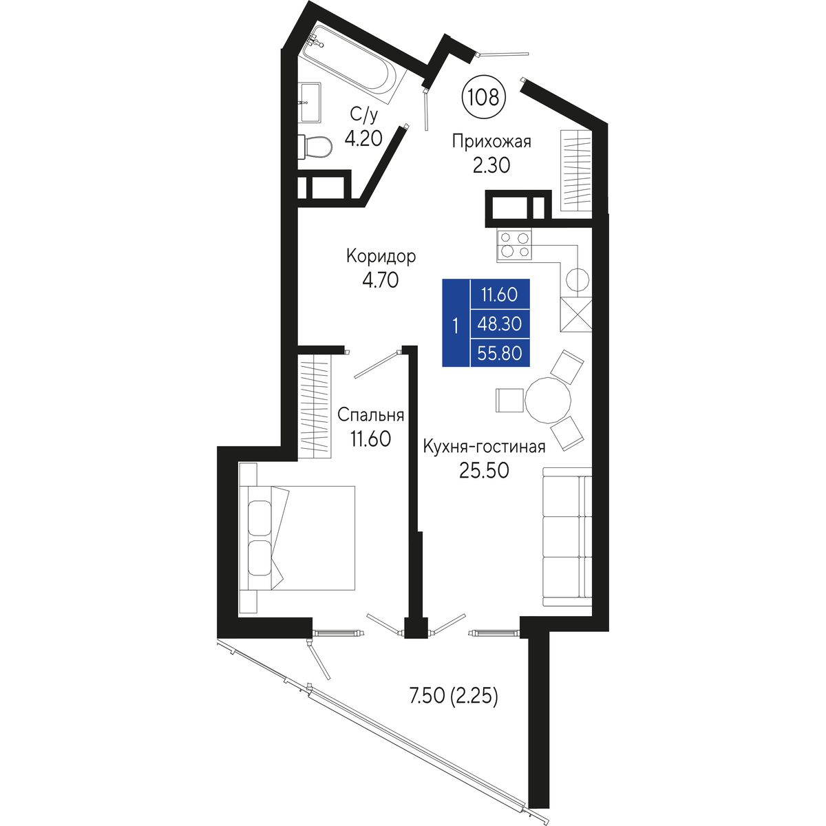 Планировка: 1-комнатная в ЖК «Кировъ», 55,8 м², №108