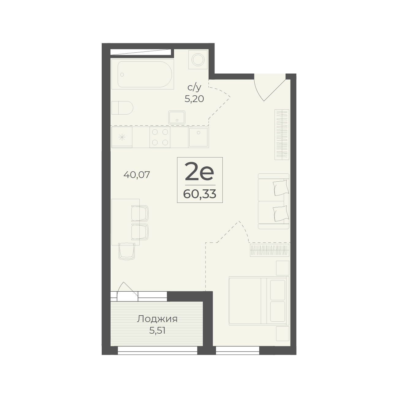 Планировка: 2-комнатная в ЖК «Botanica», 60,3 м²