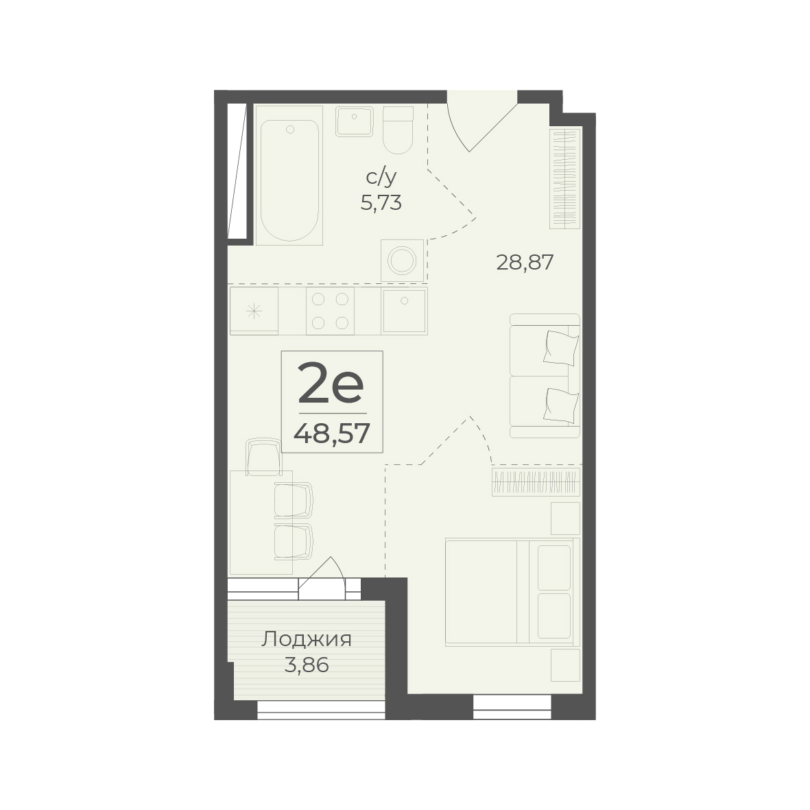 Планировка: 2-комнатная в ЖК «Botanica», 48,6 м²