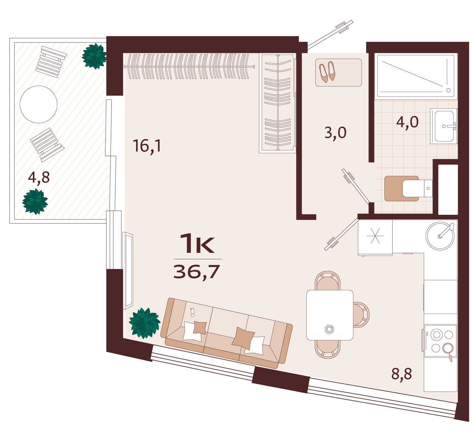 Планировка: 1-комнатная в ЖК «Роялта», 33,3 м², №33