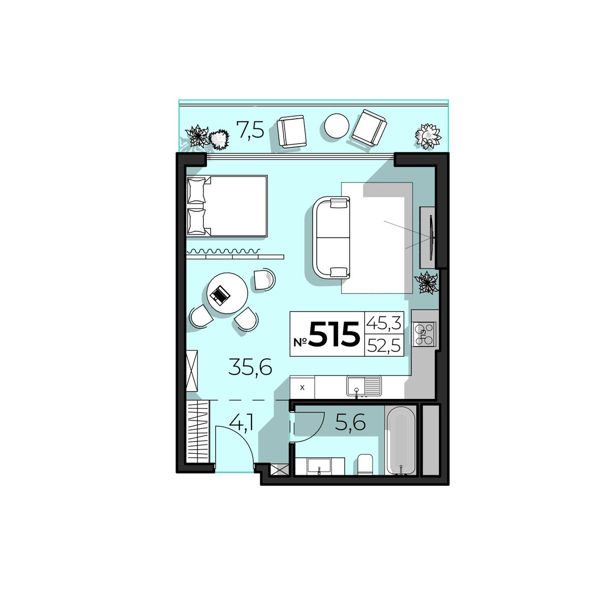 Планировка: 2-комнатная в ЖК «SkyPlaza 5.0», 52,5 м², №515