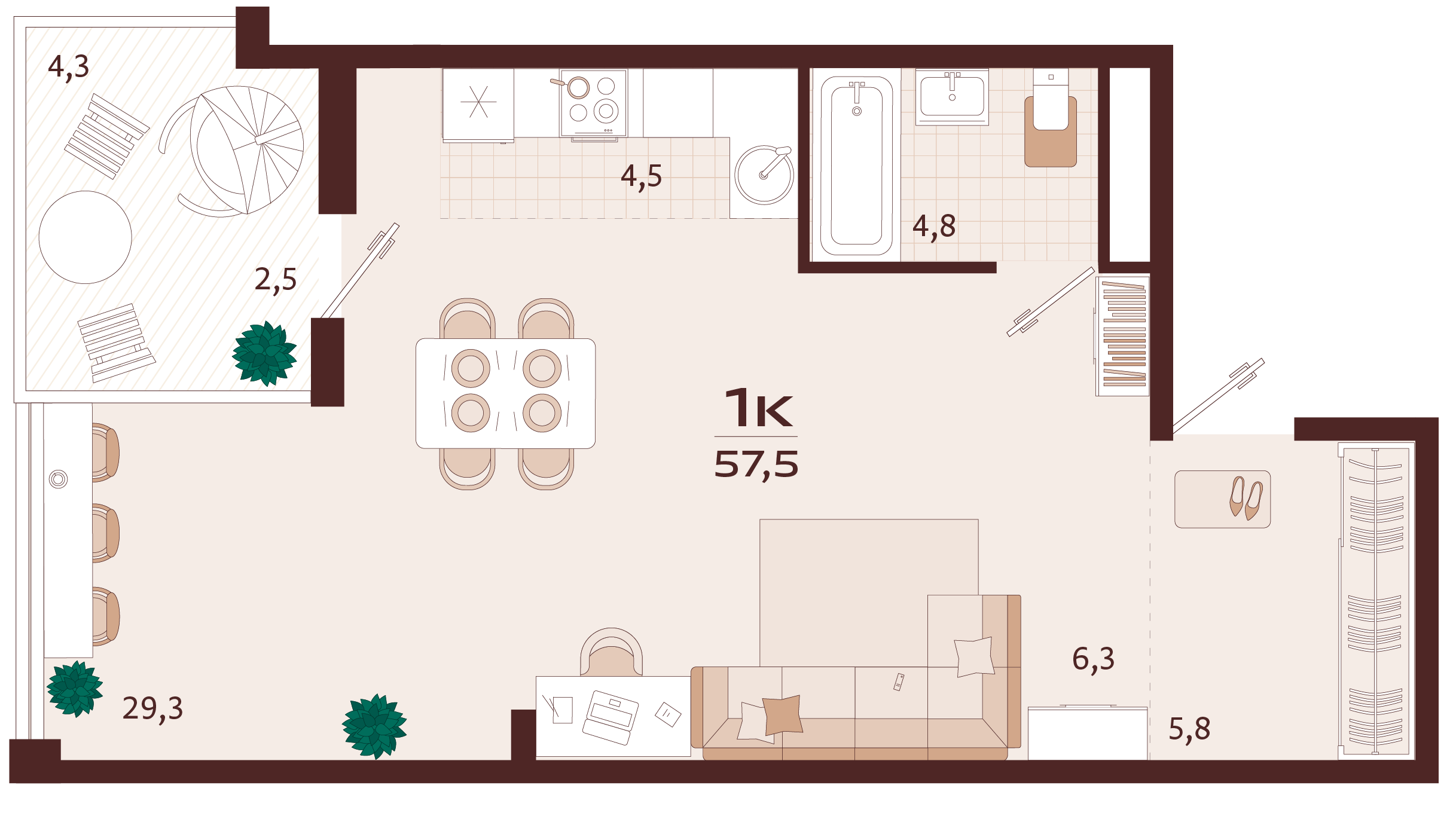 Планировка: 1-комнатная в ЖК «Роялта», 53,3 м², №45