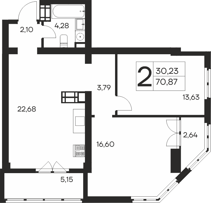 Планировка: 2-комнатная в ЖК «Ай-Петри», 70,9 м², №94