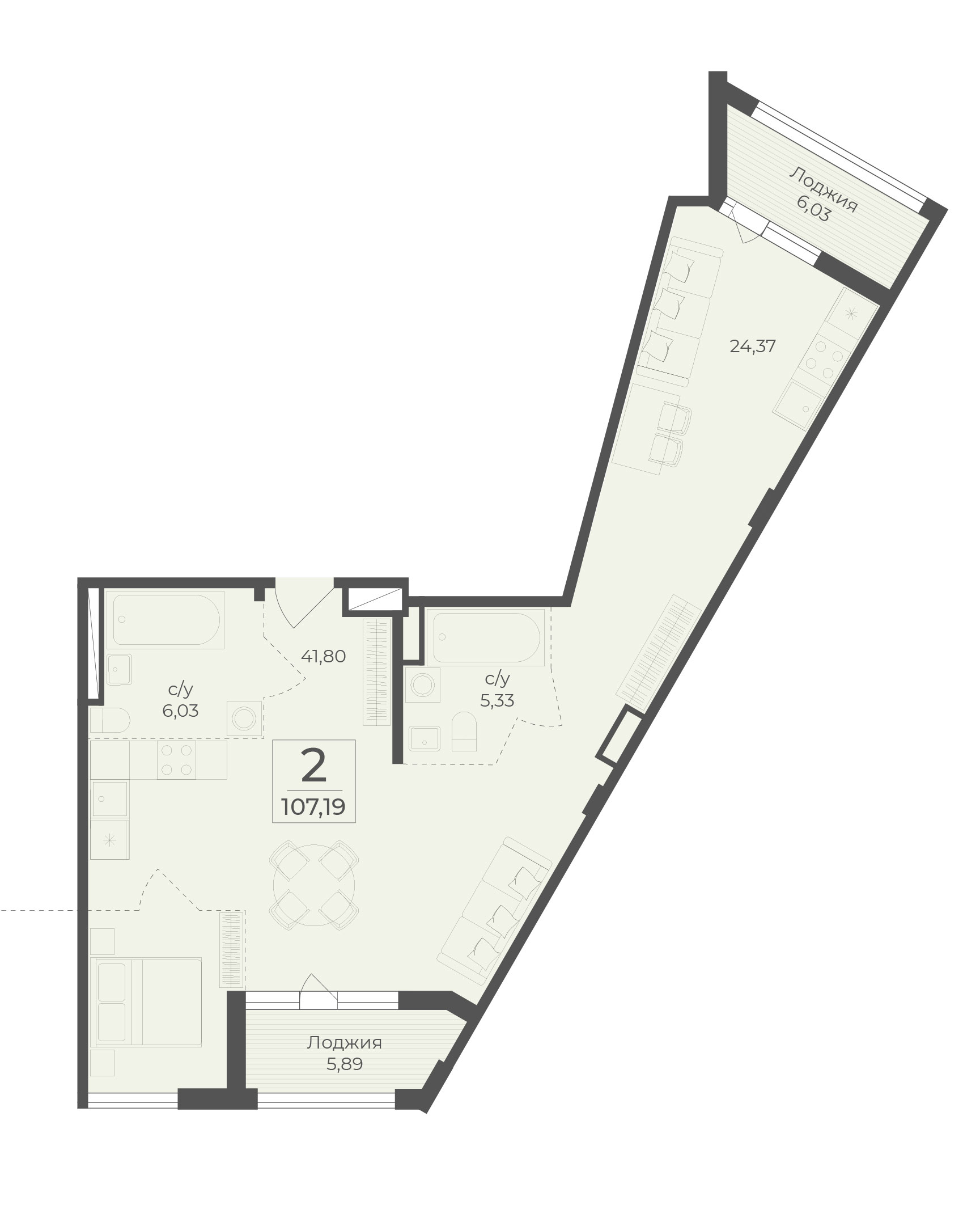 Планировка: 2-комнатная в ЖК «Botanica», 107,2 м²