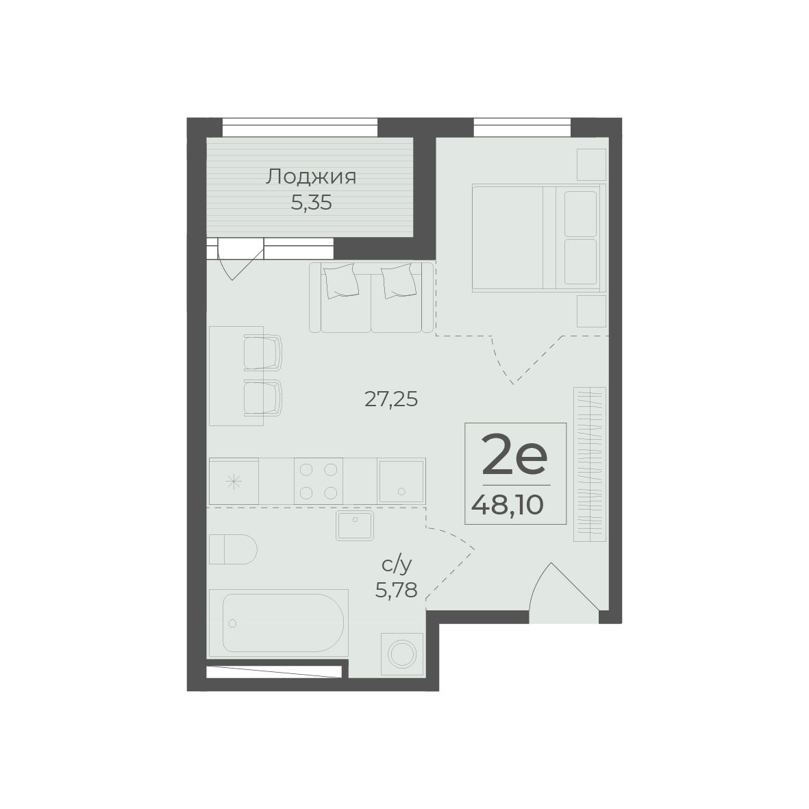 Планировка: 2-комнатная в ЖК «Botanica», 48,1 м²