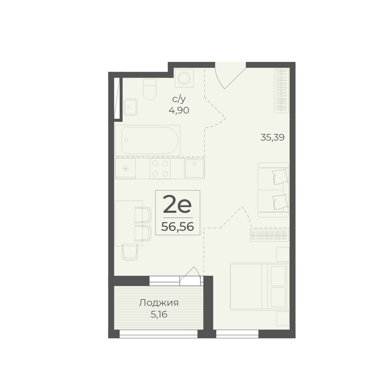 Планировка: 2-комнатная в ЖК «Botanica», 56,6 м²