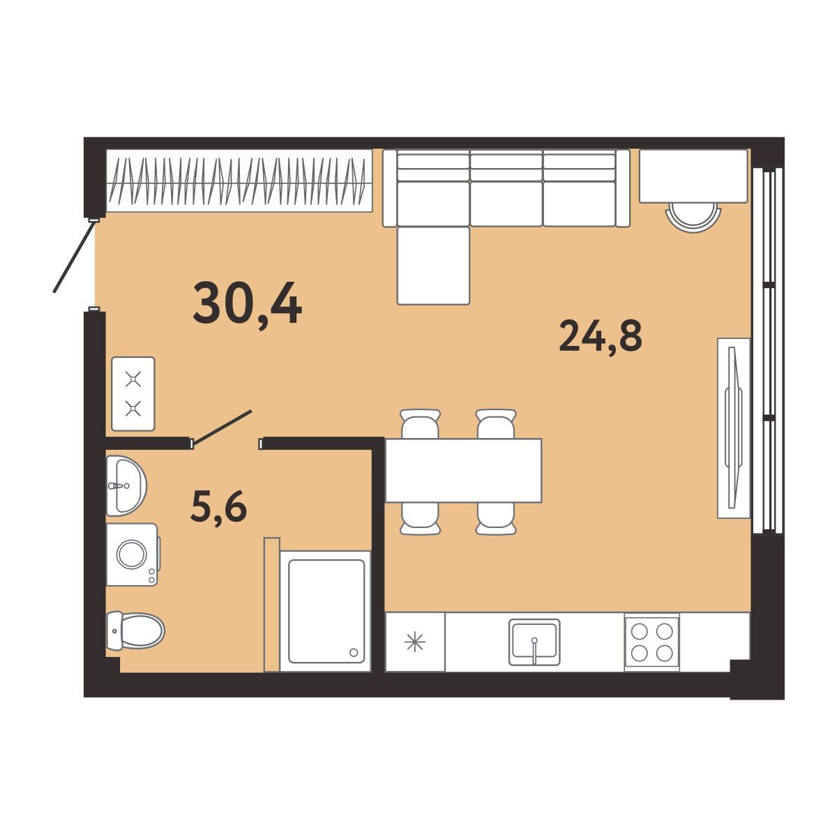 Планировка: 1-комнатная в ЖК «Арт-Ялта», 30,4 м², №119