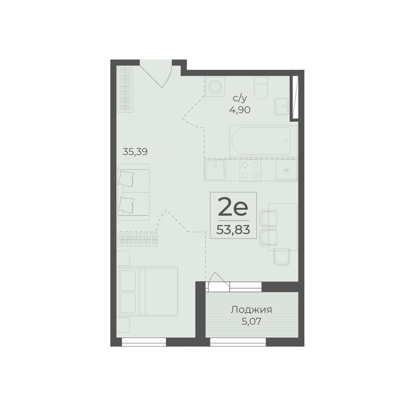 Планировка: 2-комнатная в ЖК «Botanica», 53,8 м²