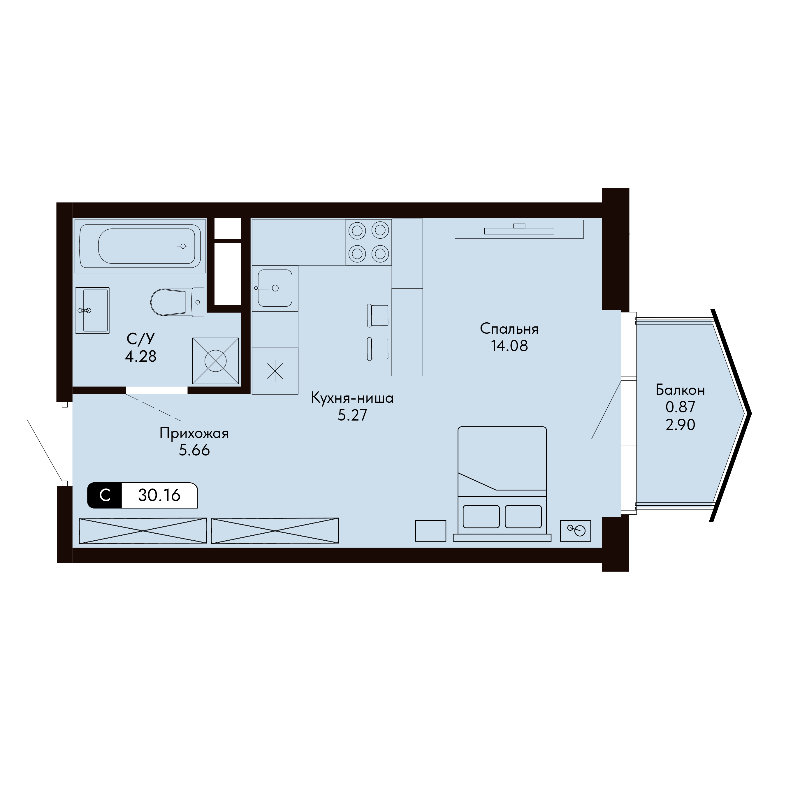 Планировка: Студия в ЖК «Ялтинская Резиденция», 30,2 м², №89
