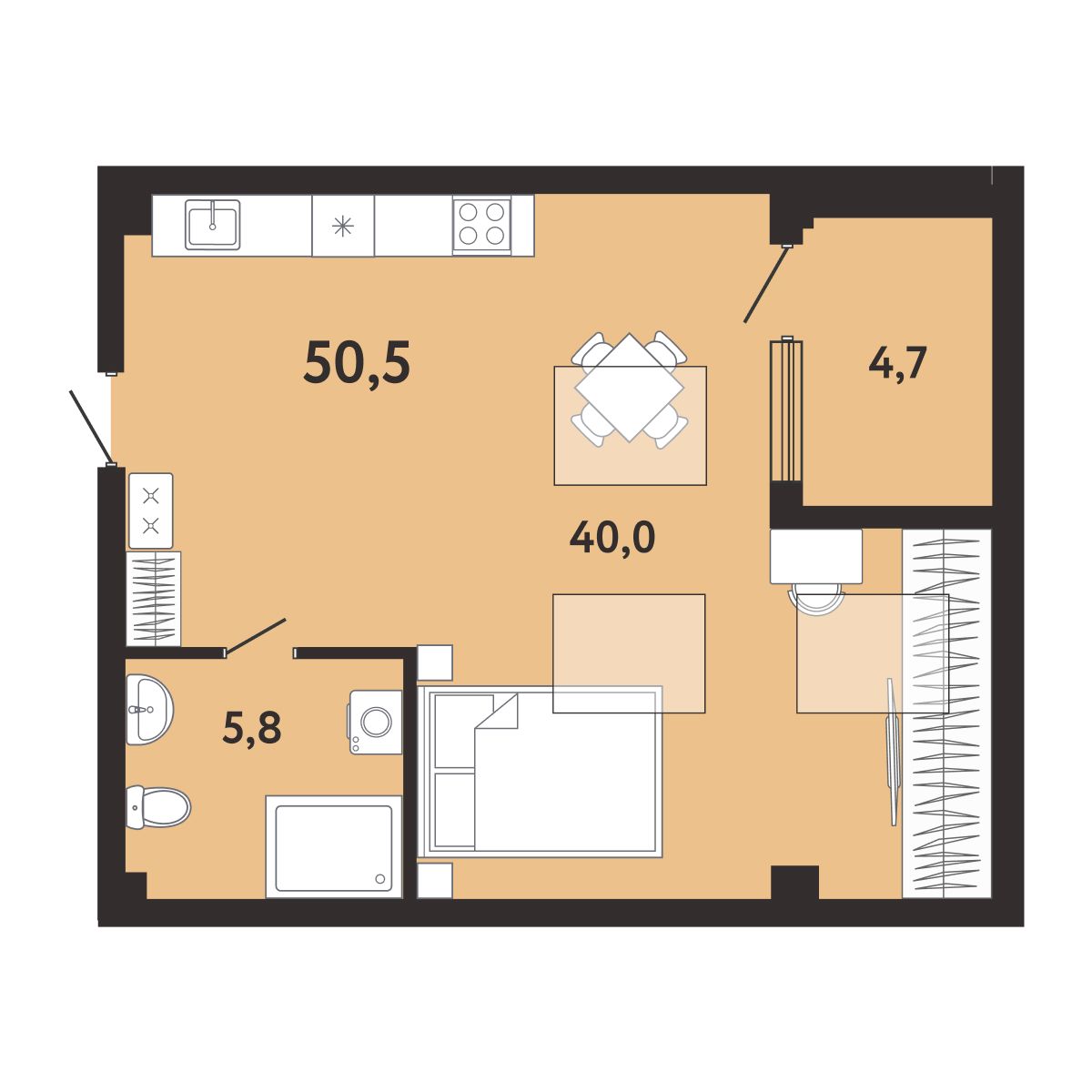 Планировка: 1-комнатная в ЖК «Арт-Ялта», 50,5 м², №717