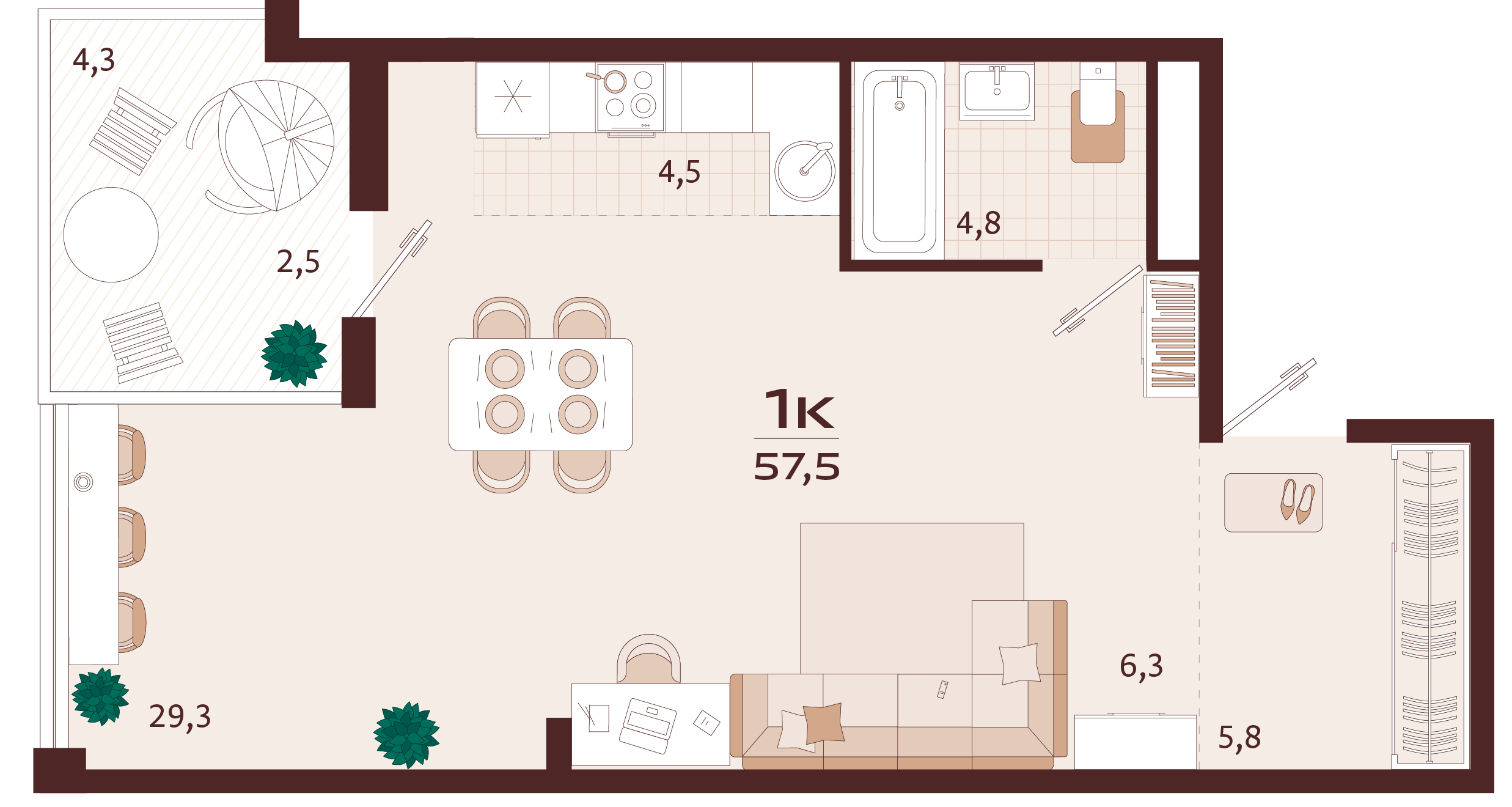 Планировка: 1-комнатная в ЖК «Роялта», 53,3 м², №57