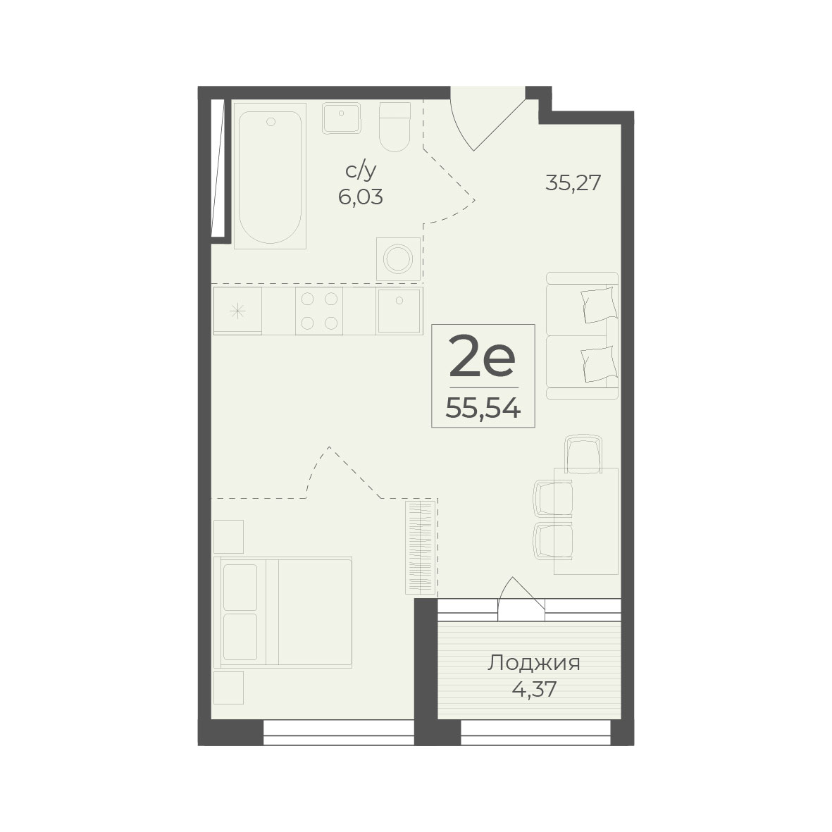 Планировка: 2-комнатная в ЖК «Botanica», 55,5 м²