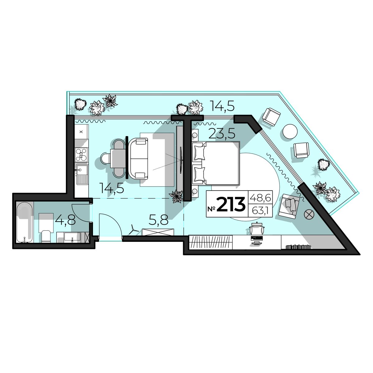 Планировка: 2-комнатная в ЖК «SkyPlaza 5.0», 63,1 м², №213