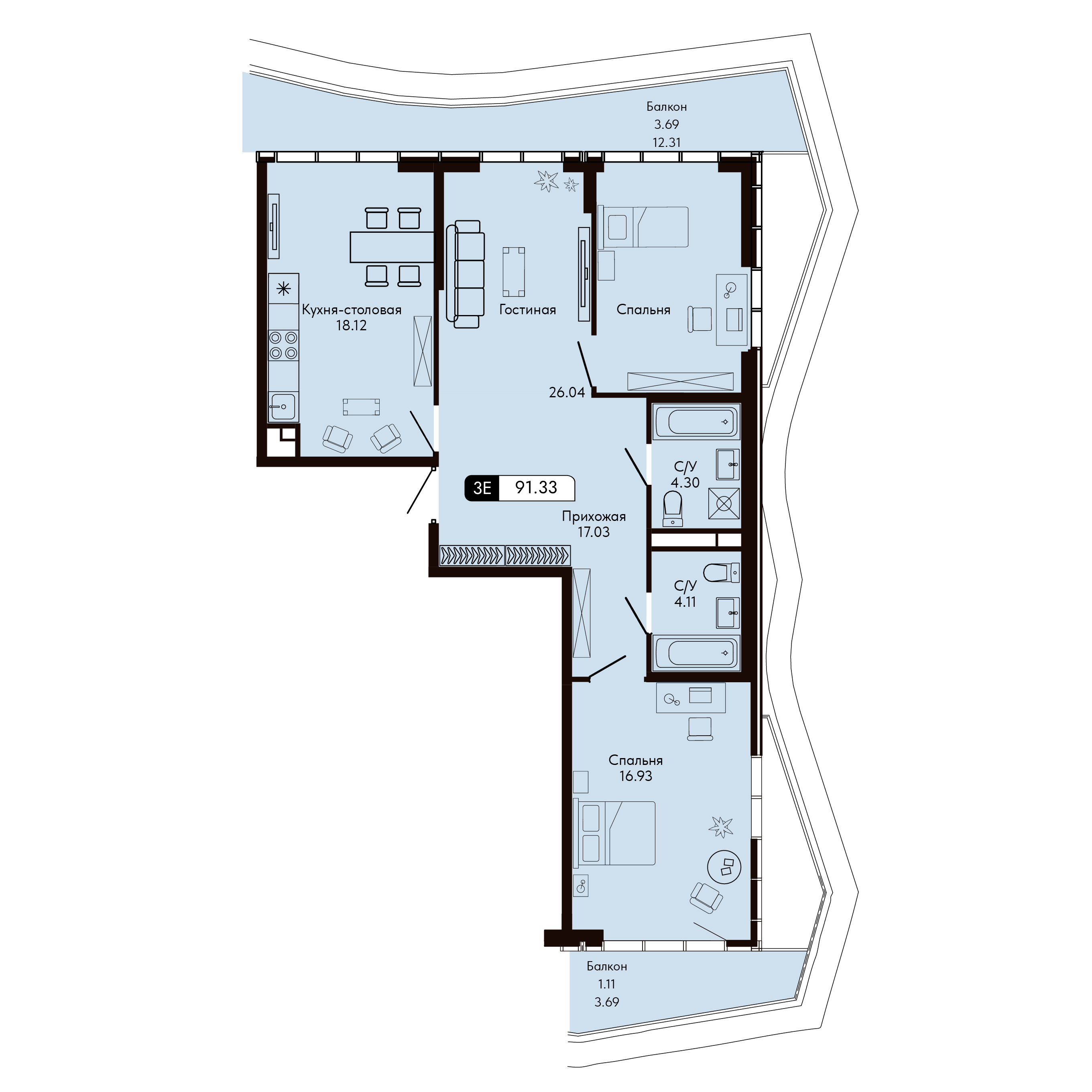 Планировка: 4-комнатная в ЖК «Ялтинская Резиденция», 91,3 м², №628